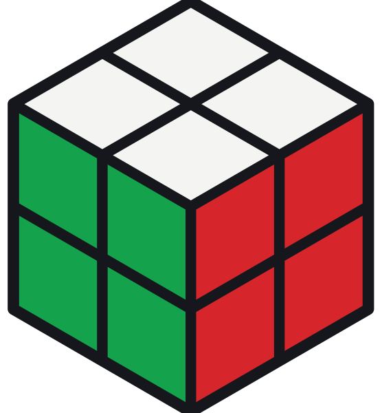 Un cubo di Rubik 2×2 risolto: ogni faccia ha quattro quadratini e ogni quadratino appartiene a uno degli otto angoli. Non ci sono centri né spigoli.