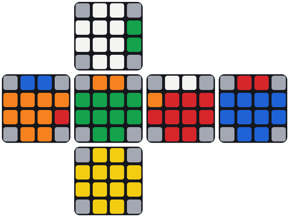 Il cubo aperto, con le due metà in alto: in alto davanti a sinistra e in alto davanti a destra ci sono i due pezzi di spigolo verde-arancione, ed entrambi hanno il verde davanti. Allora l’algoritmo giusto è Dw R U R' F R' F' R Dw'.