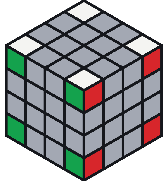 Qui sono colorati solo gli angoli. In alto, davanti e a destra c’è l’angolo bianco-verde-rosso: con il bianco in alto e il verde davanti, il rosso sta a destra.