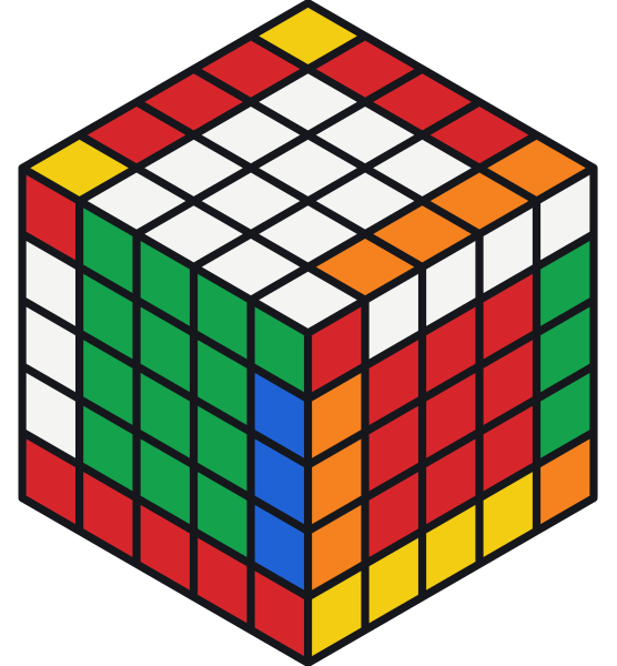 Dopo il passaggio 2: tutti i centri sono di un solo colore e tutti gli spigoli sono accoppiati. Il 5×5 ora sembra un grande 3×3 e si muovono solo gli strati esterni.