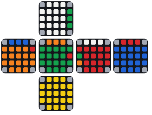 Il cubo aperto prima dell’accoppiamento: lo spigolo centrale davanti a sinistra mostra il verde davanti, e così anche il pezzo laterale che gli corrisponde, in basso a destra. Poi: 2U' R U R' F R' F' R 2U.
