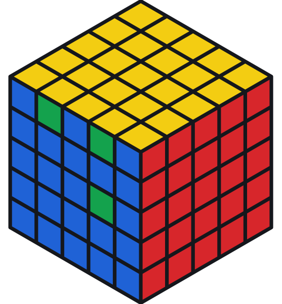 L’algoritmo della parità PLL del 4×4 su un 5×5 risolto: i pezzi laterali dello spigolo davanti appartengono a quello dietro e nel centro davanti c’è un pezzo estraneo. Questo algoritmo non sistema il 5×5, lo mescola.
