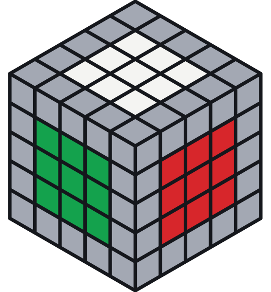 Passaggio 1 finito: ognuno dei sei centri ha nove pezzi di un solo colore. Gli spigoli e gli angoli (qui in grigio) possono essere ancora mescolati.