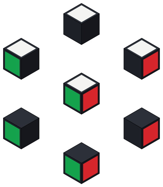 Gli 8 angoli, ciascuno con tre quadratini colorati.