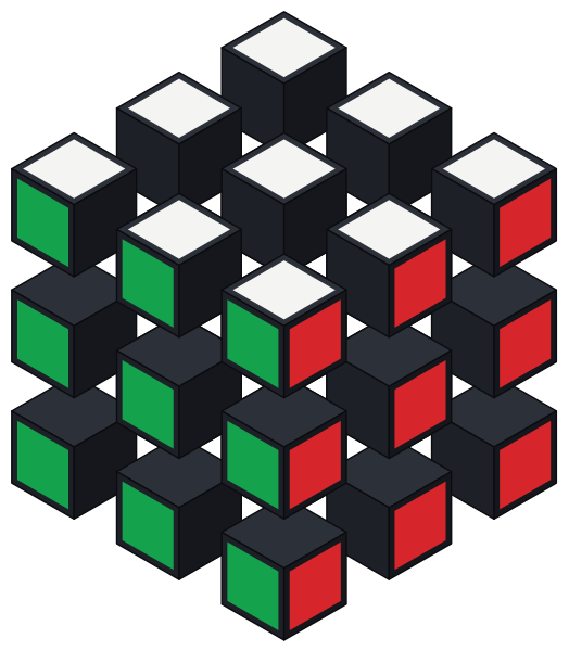 Un cubo di Rubik 3×3 diviso nei suoi pezzi: 6 centri, 12 spigoli e 8 angoli. I quadratini colorati stanno solo sulle facce rivolte verso l’esterno.