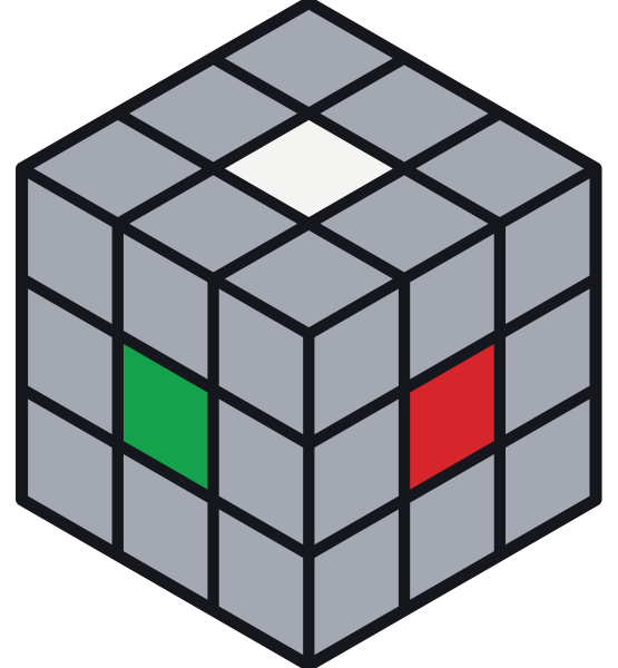 Un cubo mescolato con otto mosse in cui si vedono solo i centri: bianco sopra, verde davanti e rosso a destra, come nel cubo risolto.