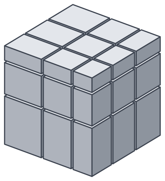Un cubo specchio risolto: un cubo liscio in cui ogni strato esterno ha uno spessore diverso. In alto c’è lo strato più sottile e in basso il più spesso.