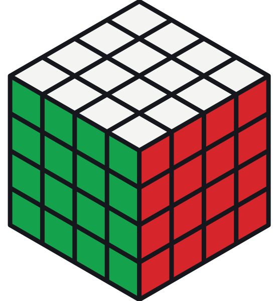 Un cubo 4×4 risolto: ogni faccia ha quattro quadratini al centro e nessun pezzo centrale fisso.