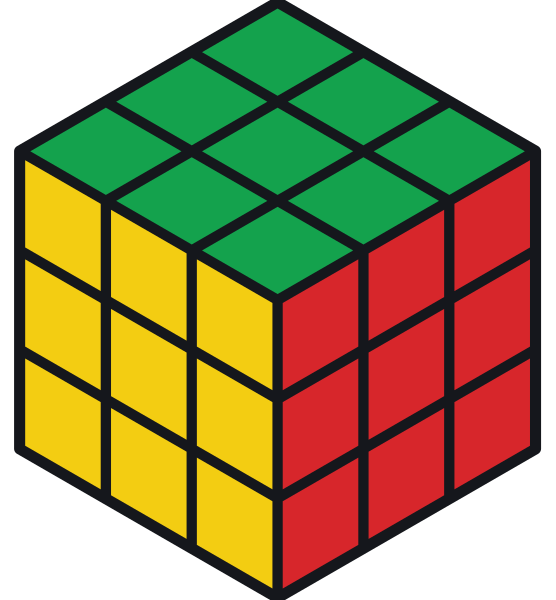 Dopo una rotazione x di tutto il cubo, il verde sta sopra e il giallo davanti; a destra resta il rosso e il cubo è ancora risolto.