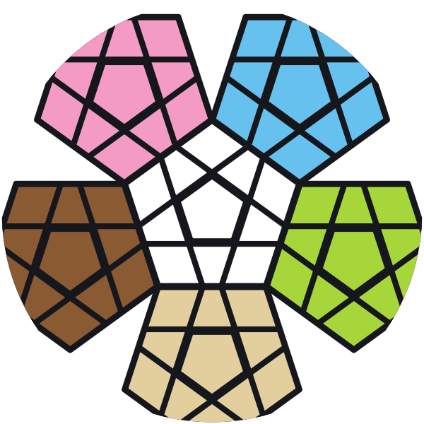 Metà inferiore: al centro la faccia bianca, intorno le facce beige, marrone, rosa, azzurra e verde chiaro. In tutto sono 12 facce di 12 colori diversi.