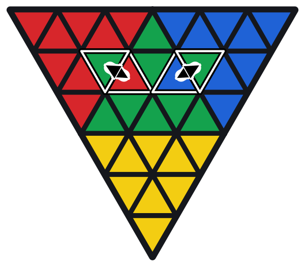 Gli spigoli davanti in alto a sinistra e davanti in alto a destra sono invertiti: i loro colori sono scambiati. Le frecce doppie mostrano quali caselle cambia R' L R L' U L' U' L.