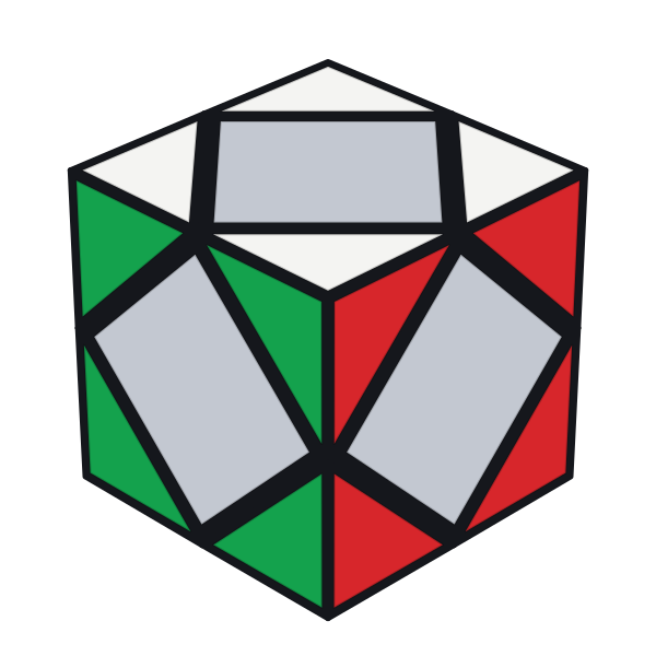 Gli 8 angoli di uno Skewb risolto, con i centri in grigio