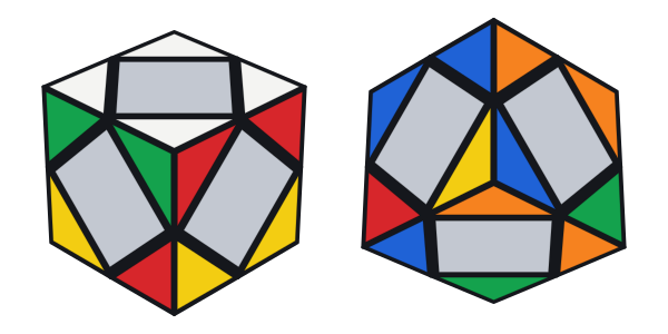 I quattro angoli in basso girati: a destra si vedono in basso due triangoli gialli. Nel disegno di destra lo Skewb è visto da dietro e dal basso. I centri sono grigi perché toccano al passo 3.